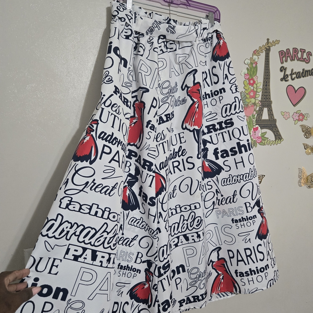 Paris Print White and Red Women's Skirt